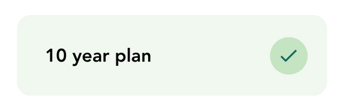 A simple graphic displays the text "10 year financial plan" beside a green checkmark on a light green background.